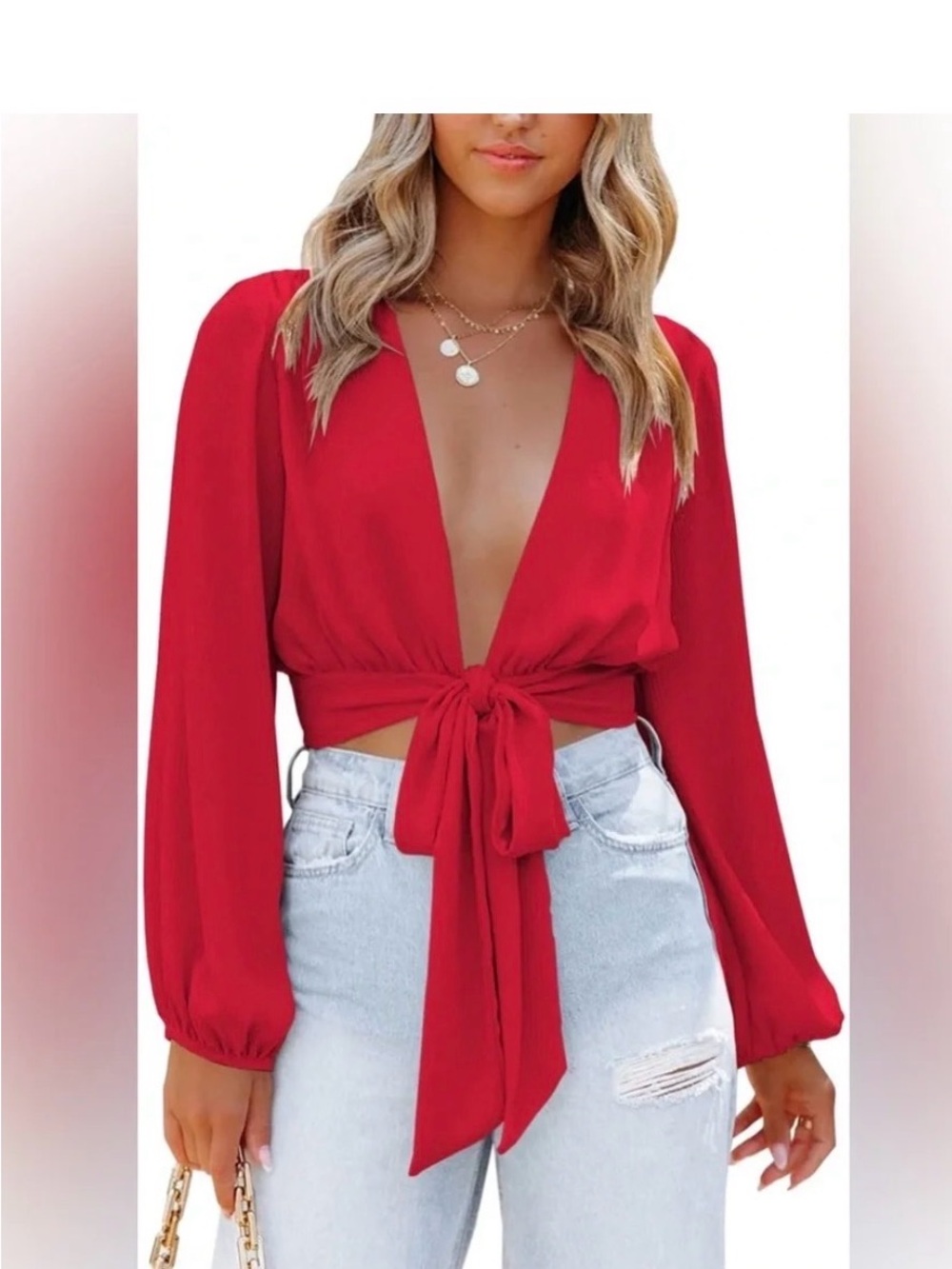 Women's Red Tie-Front V-Neck Blouse